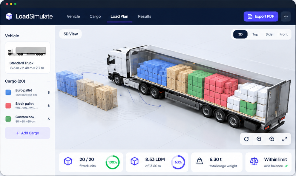 LoadSimulate example load plan showing a fully loaded truck, cargo waiting outside, vehicle details and load metrics